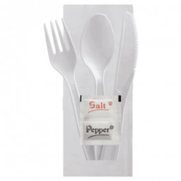 N56111 White Medium-Weight Cutlery Kit- Fork Knife Napkin and Salt and Pepp